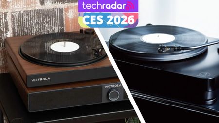 Two turntables separated by a divider, with TechRadar's CES 2026 badge