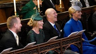 Peter and Autumn Phillips with Mike and Zara Tindall attending the wedding ceremony of Princess Eugenie of York and Jack Brooksbank