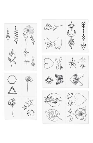 five sheets of INKED by Dani Fine Line Temporary Tattoos on a white background