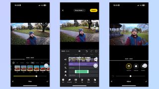 Three screenshots of the Insta360 app in use to edit vlogging footage. The screenshots are placed against a blue background.