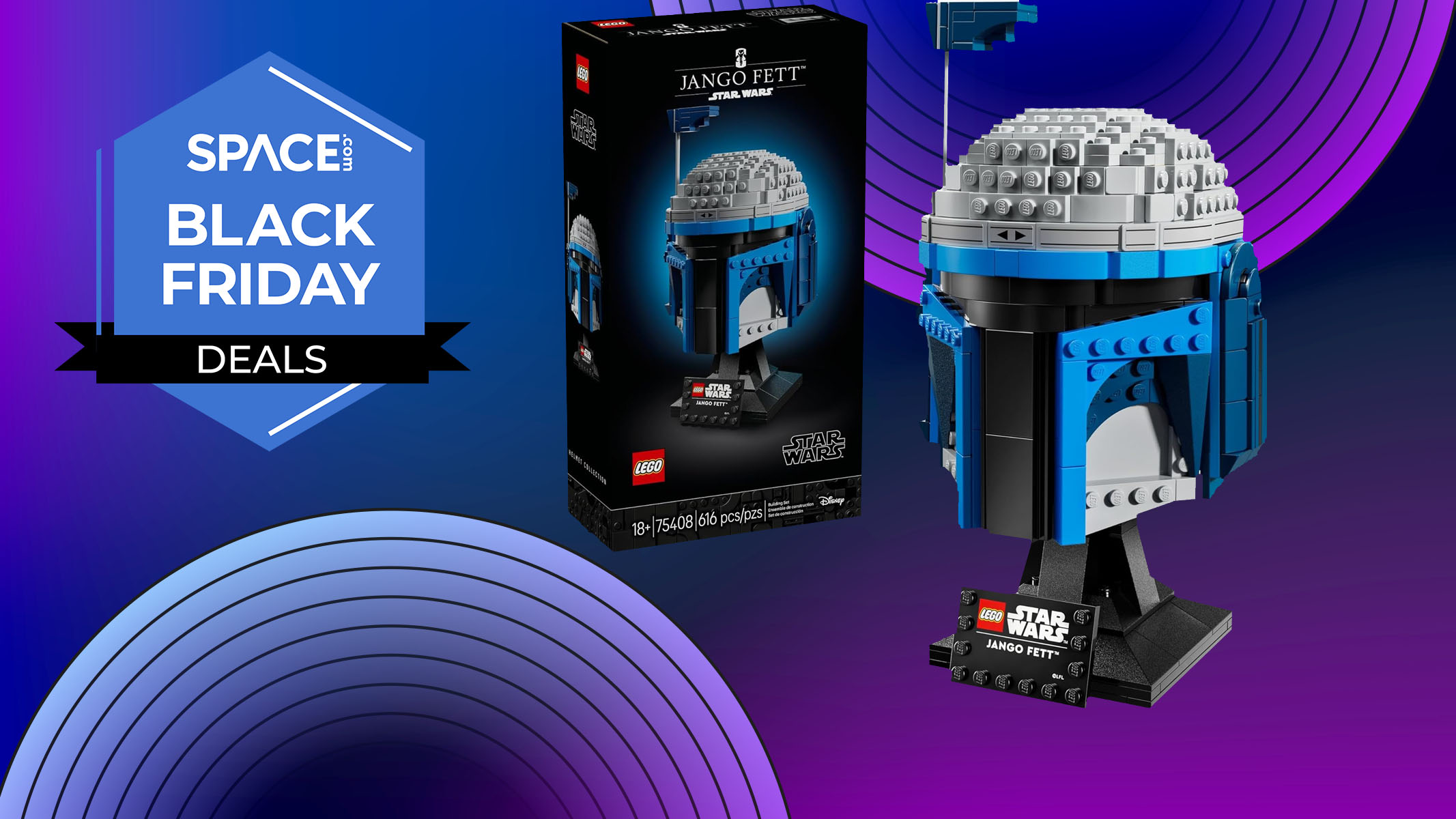 A Lego Star Wars Jango Fett Helmet, with box, against a purple background with a Space.com Black Friday deals badge in the upper left corner.. 
