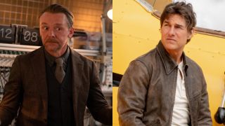 From right to left: Simon Pegg looking forward with interest and Tom Cruise looking to his left while leaning against a yellow plane. 