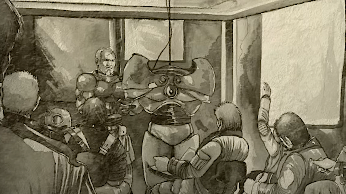 An image of a watercolour still from Fallout Tactics, wherein a lecturer discusses power armour with a group of steel recruits.