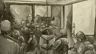 An image of a watercolour still from Fallout Tactics, wherein a lecturer discusses power armour with a group of steel recruits.