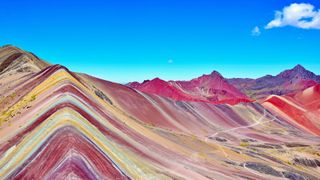 Vinicunca Mountain, also known as Rainbow Mountain, in the Cusco region, Peru.