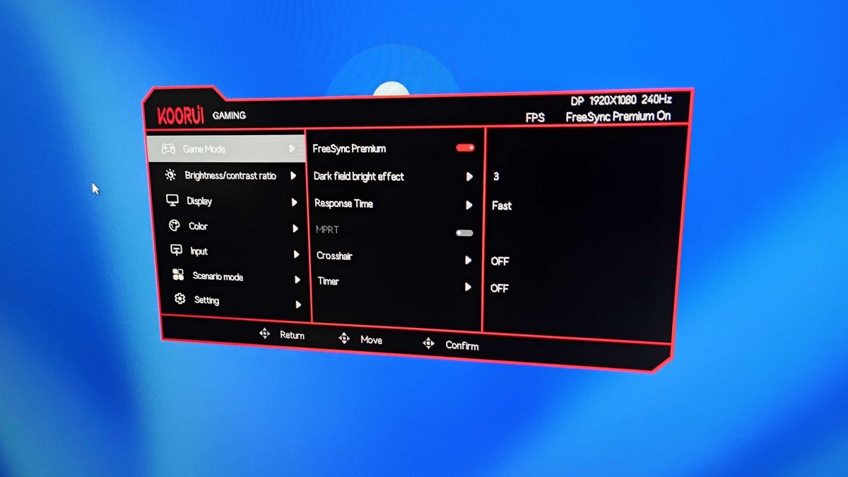KOORUI GN02 monitor with OSD on screen