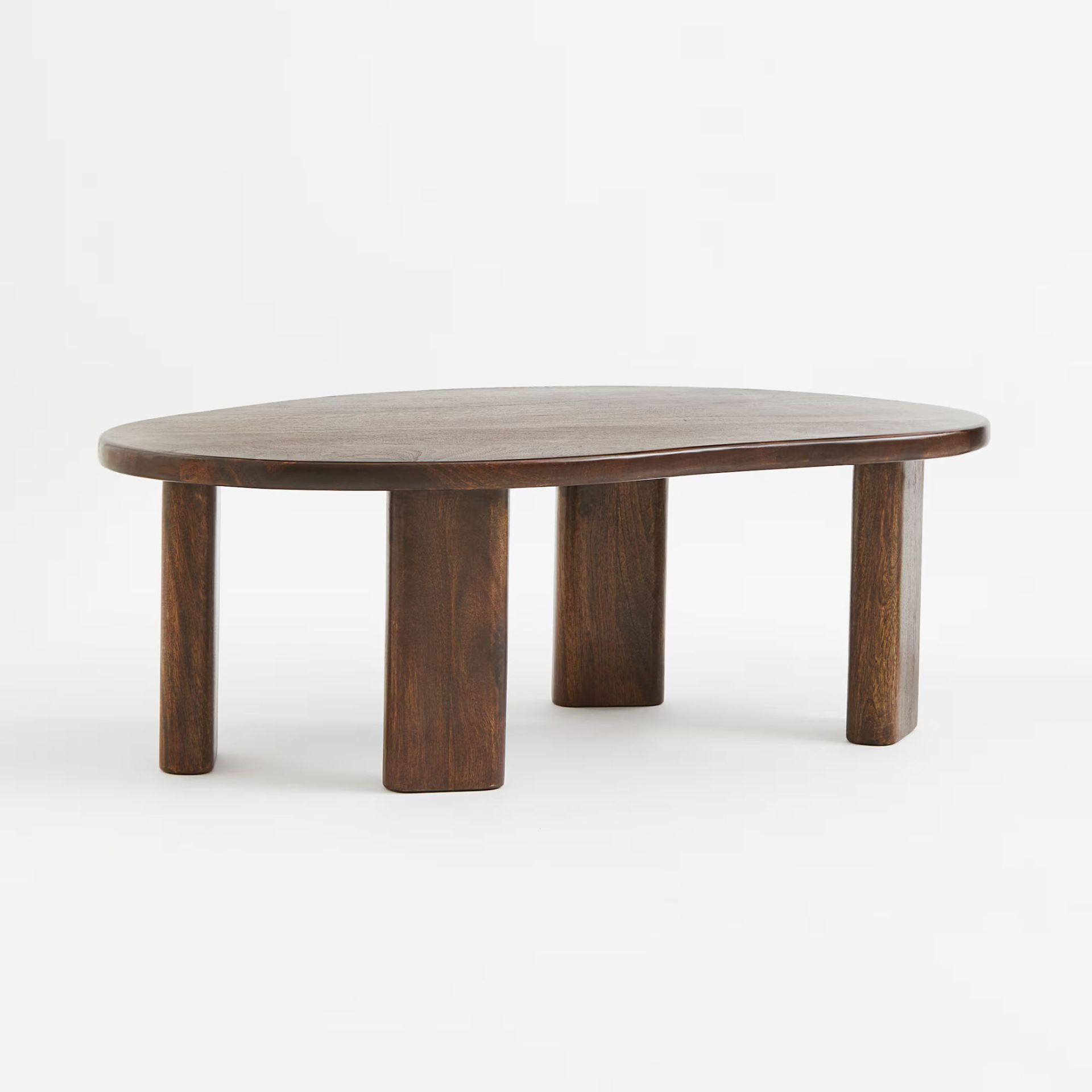 Dark wooden coffee table with irregular shaped top