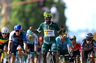 VILLENEUVESURLOT FRANCE JULY 11 Biniam Girmay of Eritrea and Team Intermarche Wanty Green Sprint Jersey C celebrates at finish line as stage winner during the 111th Tour de France 2024 Stage 12 a 2036km stage from Aurillac to VilleneuvesurLot UCIWT on July 11 2024 in VilleneuvesurLot France Photo by Tim de WaeleGetty Images