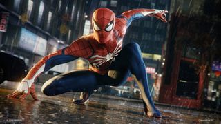 Marvel's Spider-Man crouched on a wet road as it rains