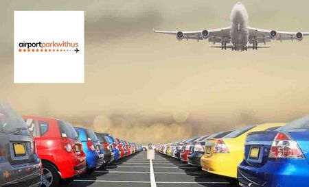 Airport Parking Wu Logo placed over a photoshop image of a plane flying over a carpark