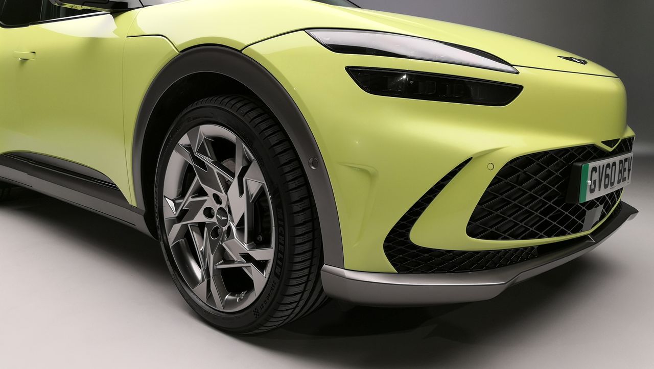 Close-up of front wheel