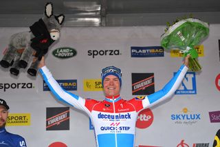 Bob Jungels (Deceuninck-QuickStep) celebrates his victory at the 2019 Kuurne-Brussel-Kuurne