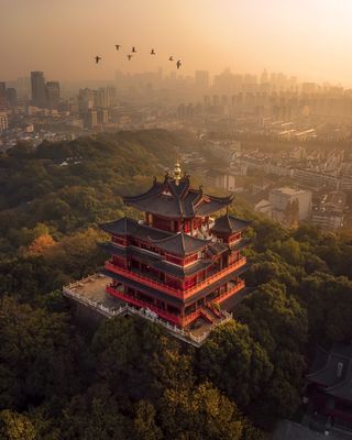 An aerial view of a Chinese temple