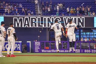 MIAMI, FL - JULY 29: Otto Lopez (6) and Heriberto Hernandez (13) of the Miami Marlins celebrate together at the end of a game between the Miami Marlins and Philadelphia Phillies on July 29, 2026 at LoanDepot Park in Miami, Florida. (Photo by Chris Arjoon/Icon Sportswire via Getty Images)