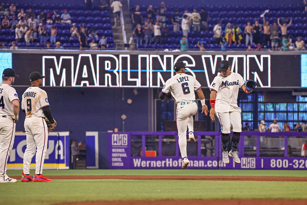 MIAMI, FL - JULY 29: Otto Lopez (6) and Heriberto Hernandez (13) of the Miami Marlins celebrate together at the end of a game between the Miami Marlins and Philadelphia Phillies on July 29, 2026 at LoanDepot Park in Miami, Florida. (Photo by Chris Arjoon/Icon Sportswire via Getty Images)