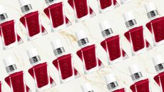 A product shot of the essie Gel Couture nail polish in the shade Bubbles Only, repeated in a diagonal line pattern/ on a cream background with gold glitter