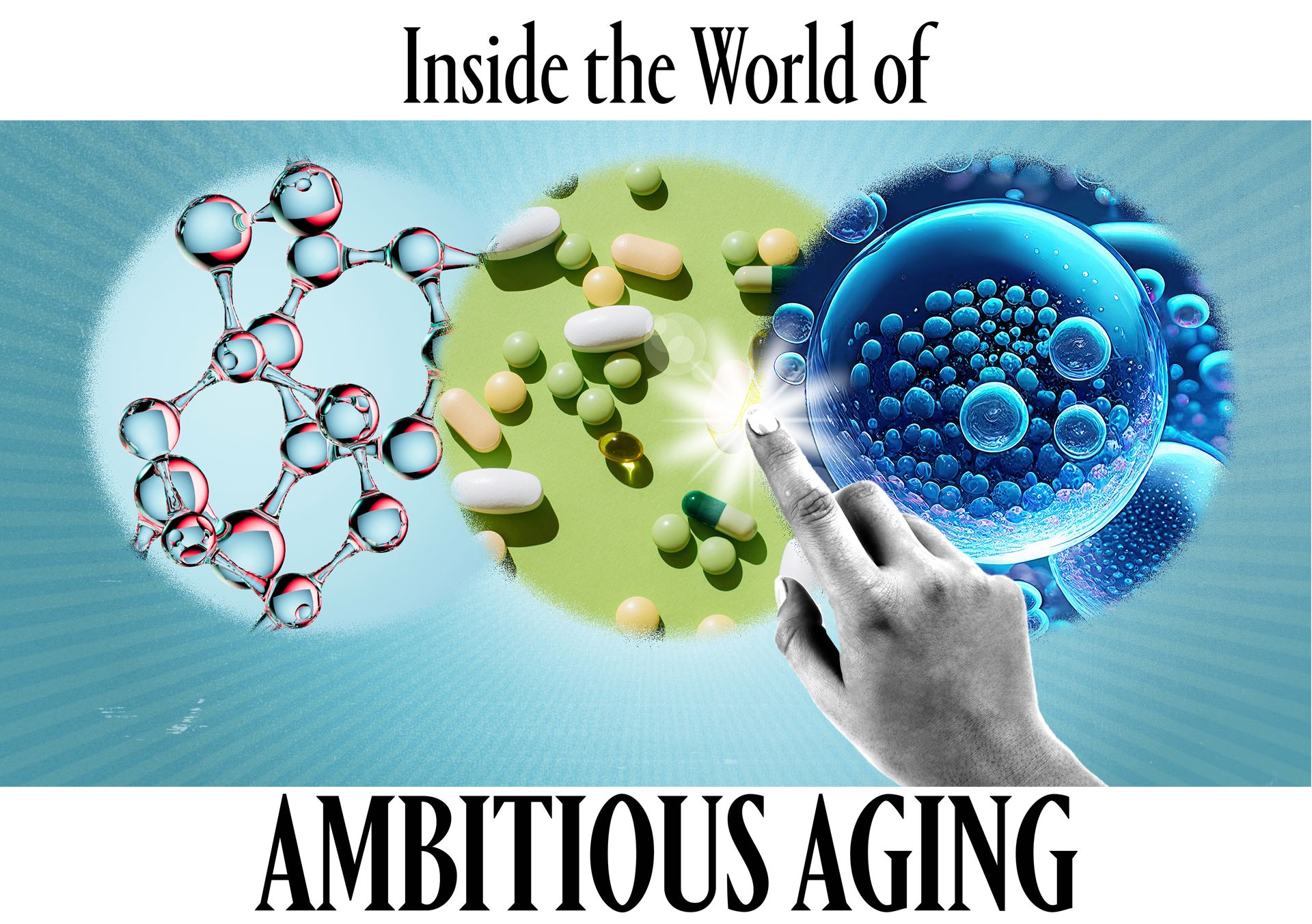 A collage of molecules, pills, and bubbles with a woman's hand tapping and creating a starburst