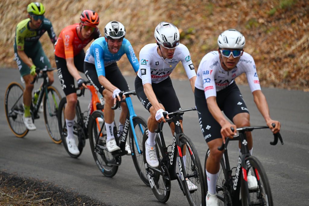 VALLE CASTELLANA ITALY MARCH 08 Juan Ayuso of Spain and UAE Emirates Team competes in the chase group during the 59th TirrenoAdriatico 2024 Stage 5 a 144km stage from Torricella Sicura to Valle Castellana 615m UCIWT on March 08 2024 in Valle Castellana Italy Photo by Tim de WaeleGetty Images