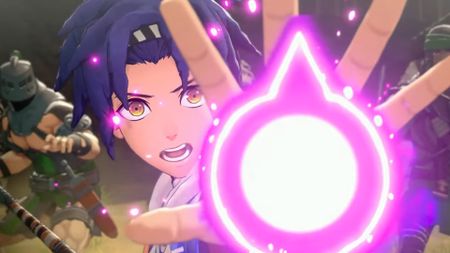A screenshot of the upcoming Switch 2 game, Fire Emblem: Fortune's Weave with a character using a purple energy blast 