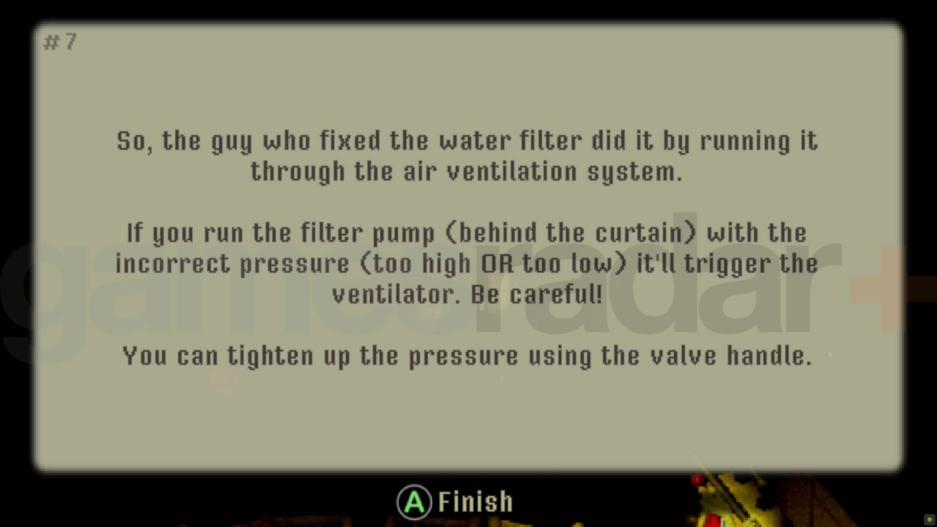 Crow Country water filter ventilation note