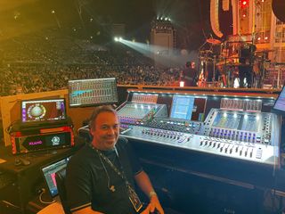Ricky Martin’s monitor engineer, César Benítez, seated at his DiGiCo Quantum5 console with the KLANG:konductor racked behind him.