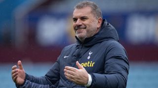 Tottenham manager Ange Postecoglou celebrates after Spurs' win at Aston Villa in March 2024.
