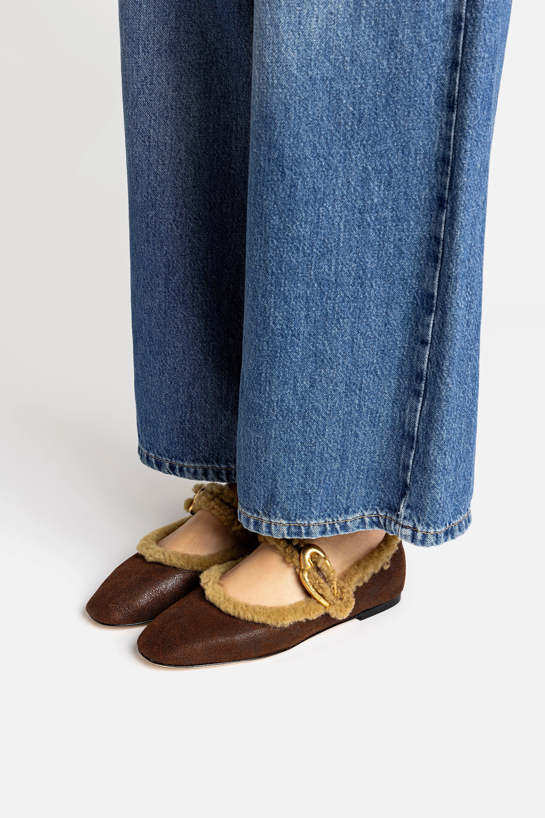 Larroud&amp;eacute;, Verona Ballet Flat in Cocoa Leather and Natural Shearling