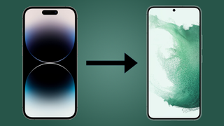 iPhone 14 Pro with an arrow, pointing to Google Pixel 7 Pro
