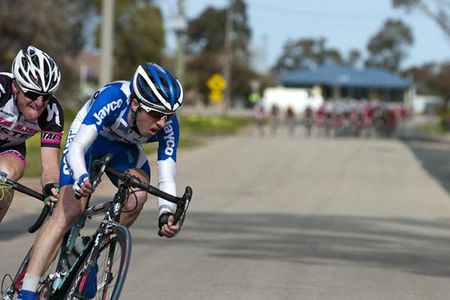 In their sights: The peloton was closing in on the leading pair of Eric Sheppard (Jayco/VIS) and Gordon McCauley (Hyster-Total Rush) on the concluding laps.