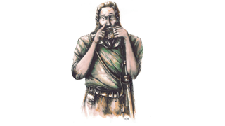 Drawing of a Germanic tribesman holding a small metal object to his nose and closing one nostril.