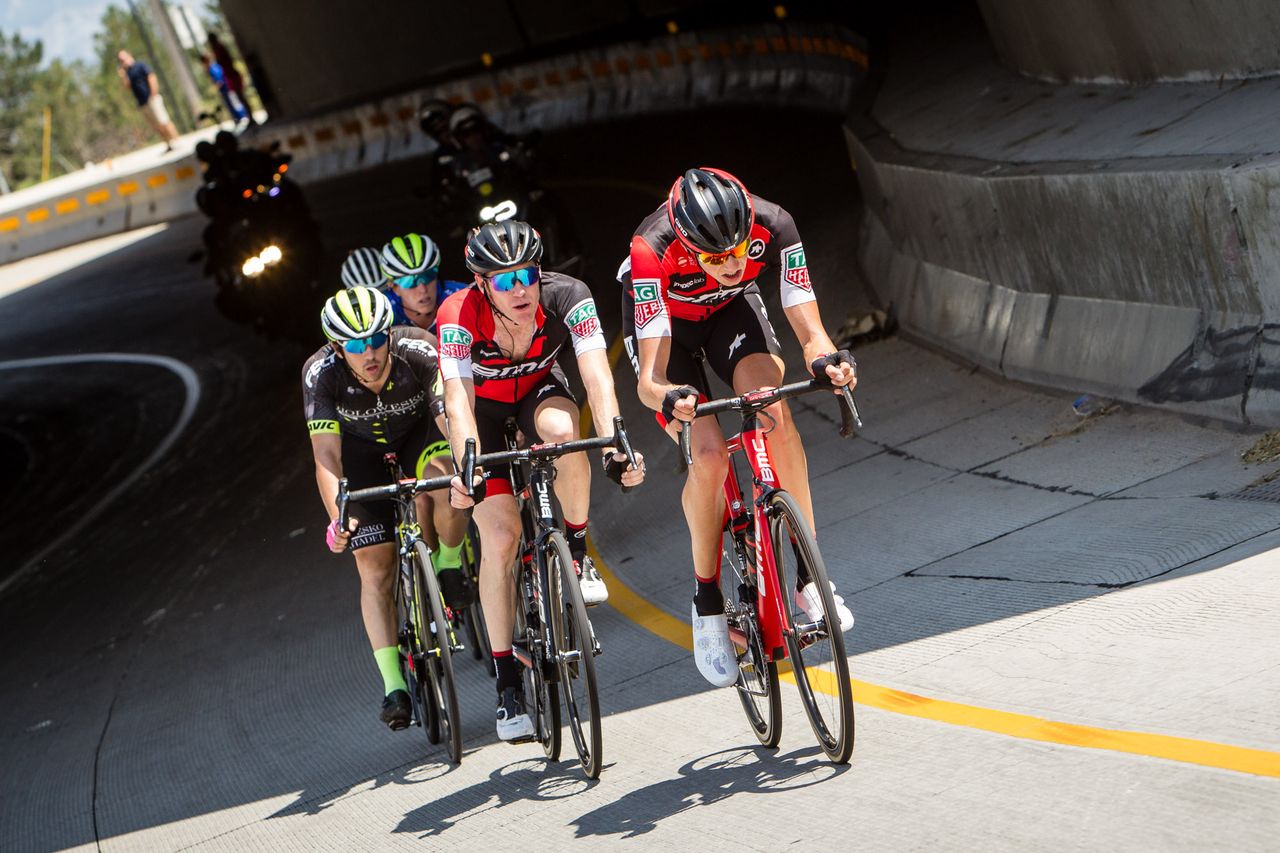 Brent Bookalter gets help trying to bridge to the leaders near the end of stage 6 at the Tour of Utah