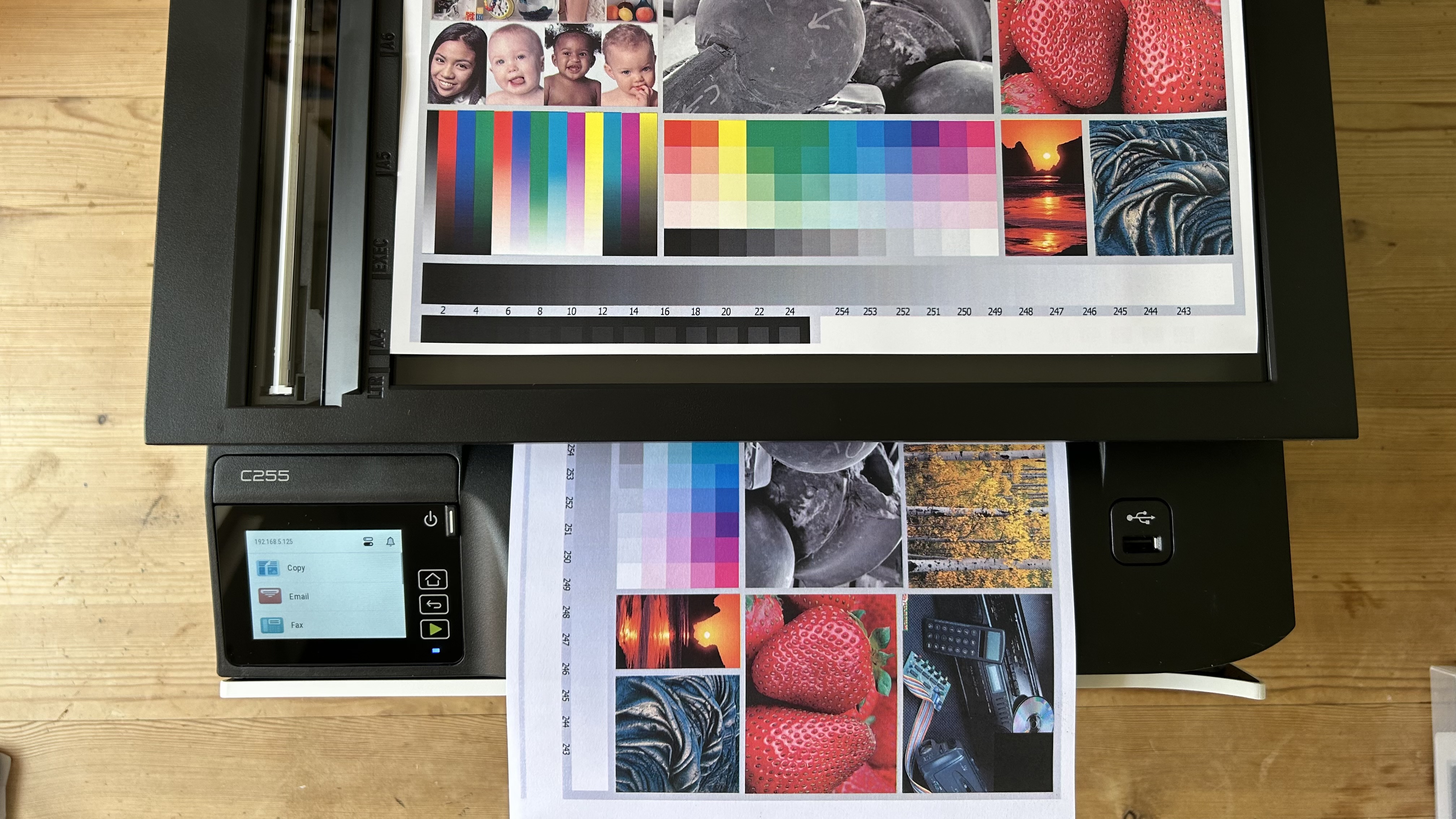 The Xerox C255a on a table in a home office during our tests