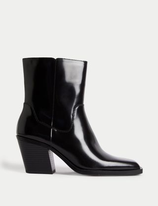 Leather Cow Boy Block Heel Ankle Boots