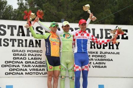 The final overall podium: Blaz Furdi (2nd, Sava), Robert Vrecer (1st, Perutnina Ptuj) and Radoslav Rogina (3rd, Loborika)