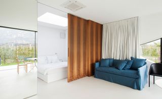 Guest house with room divider between sofa & bed
