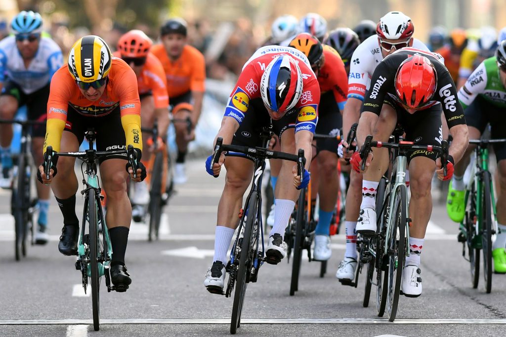 VALENCIA SPAIN FEBRUARY 09 Sprint Arrival Fabio Jakobsen of The Netherlands and Team Deceuninck QuickStep Dylan Groenewegen of The Netherlands and Team JumboVisma Orange Combined Jersey John Degenkolb of Germany and Team LottoSoudal Alexander Kristoff of Norway and UAE Team Emirates Ivan Garcia Cortina of Spain and Team BahrainMclaren Matteo Trentin of Italy and CCC Team Davide Ballerini of Italy and Team Deceuninck QuickStep during the 71st Volta a la Comunitat Valenciana 2020 Stage 5 a 977km stage from Paterna Valencia VueltaCV VCV2020 on February 09 2020 in Valencia Spain Photo by David RamosGetty Images