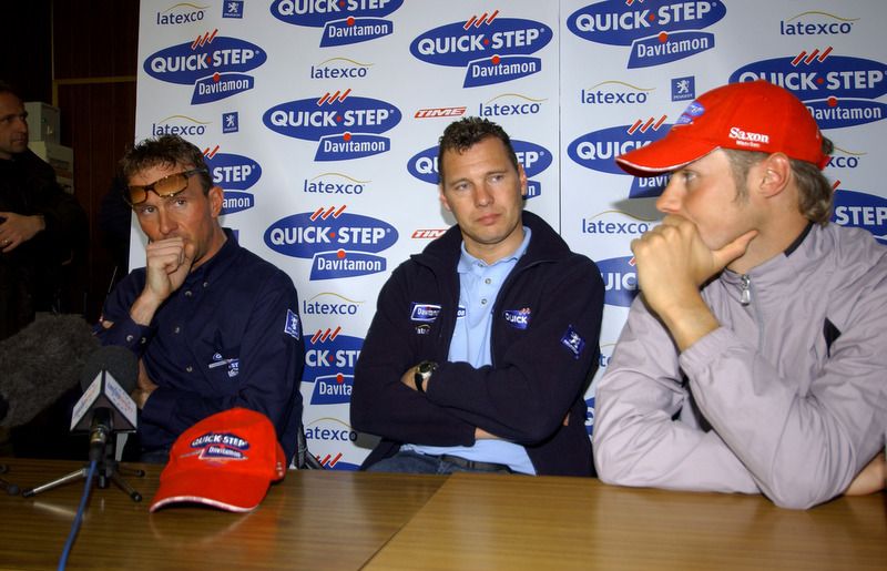 Johan Museeuw, Wilfried Peeters and Tom Boonen at the pre-race press conference in 2004