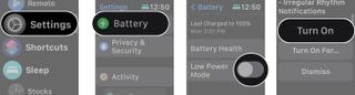 How to turn on Low Power Mode in settings: Launch Settings, tap battery, tap Low Poer Mode on/off switch, and then tap turn on.