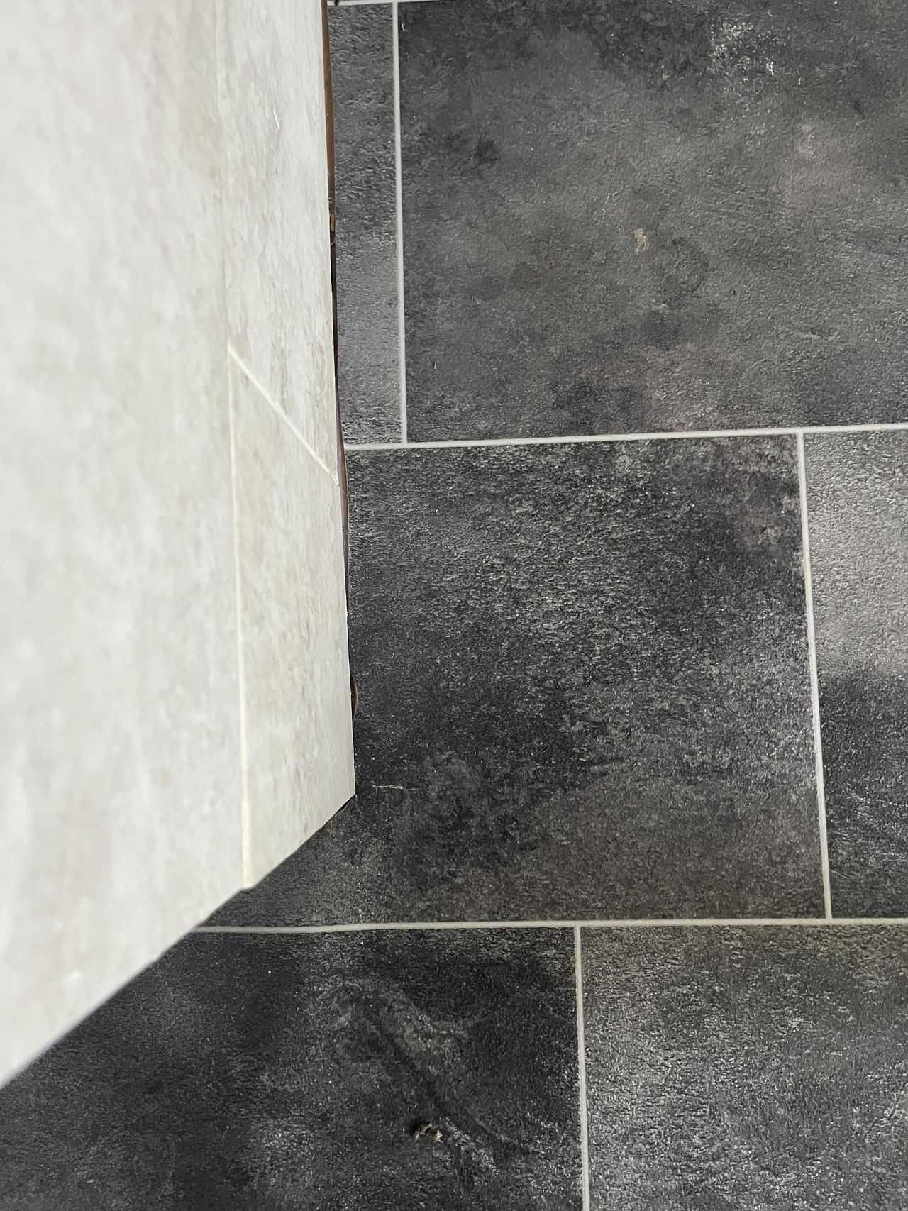 the edge of a black linoleum bathroom floor where it meets a tiled wall, freshly clean