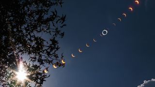 A total solar eclipse sequence visible against a mostly clear sky.