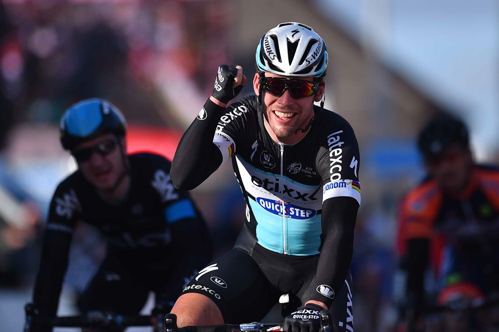 Mark Cavendish (Etixx-QuickStep) celebrates his second Kuurne win.