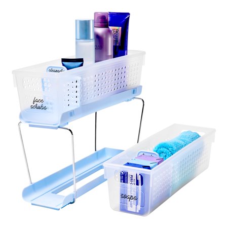 Madesmart Blue Mini 2-Tier Organizer With Dividers, Ideal for Bathroom, Undersink Storage for Toothbrushes Toothpaste Razors and More, Bpa-Free, Blue/frost