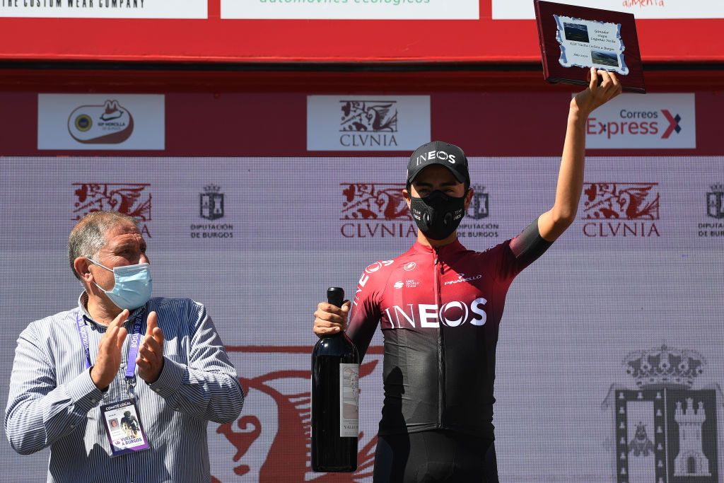 LAGUNAS DE NEILA SPAIN AUGUST 01 Podium Ivan Ramiro Sosa Cuervo of Colombia and Team INEOS Celebration Trophy during the 42nd Vuelta a Burgos 2020 Stage 5 a 158km stage from Covarrubias to Lagunas de Neila 1872m VueltaBurgos on August 01 2020 in Lagunas de Neila Spain Photo by David RamosGetty Images