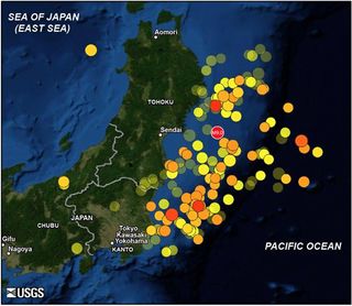 Map showing the 11 March 2011 magnitude 9.0 off Tohoku mainshock and 166 aftershocks of magnitude 5.5 and greater until May 20. Warmer color indicates more recent events. Larger symbol indicates greater quake magnitude.