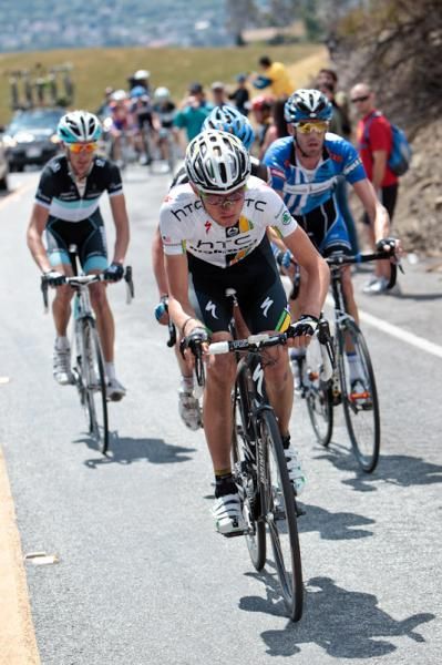 Tejay Van Garderen (HTC-Highroad) leading the chase group on Sierra Road.