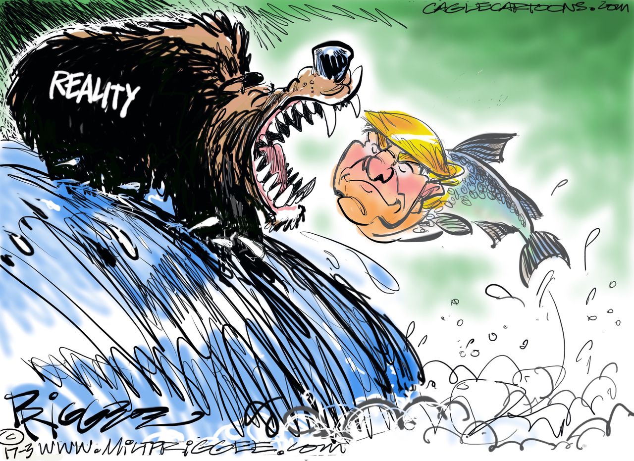 Political Cartoon U.S. President Trump swims upstream stopped by reality