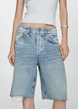 Decorative Ripped Denim Bermuda Shorts - Women