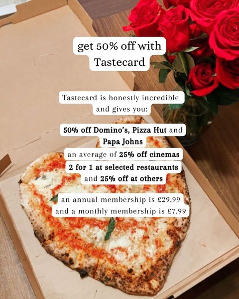 A graphic of pizza with information about how using Tastecard can help you save at Domino's.