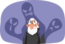 Elderly person with three ghosts in the background.