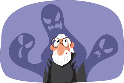 Elderly person with three ghosts in the background.